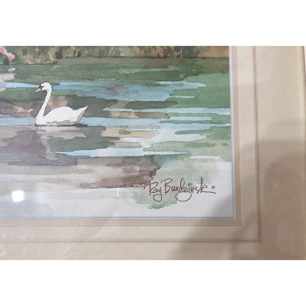 Framed Watercolor Print Cottage House By RAY BURDZINSKI Swan Flowers Lake - Picture 2 of 3